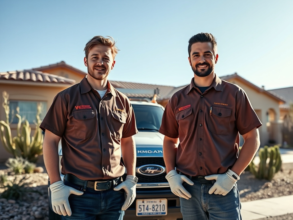 Spray foam insulation crew standing in front of a stucco desert home near Yuma, Arizona