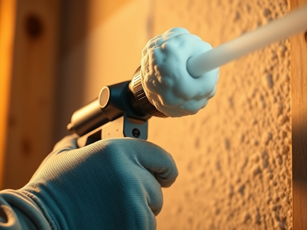 Close-up of a spray foam insulation gun applying cured foam texture